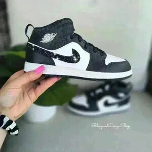 Nike Jordan 1 Mid Little Kids Girls Shoes Sneakers Black White with Crystals
